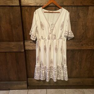 BloomChic White Midi Dress with Brown Patterns